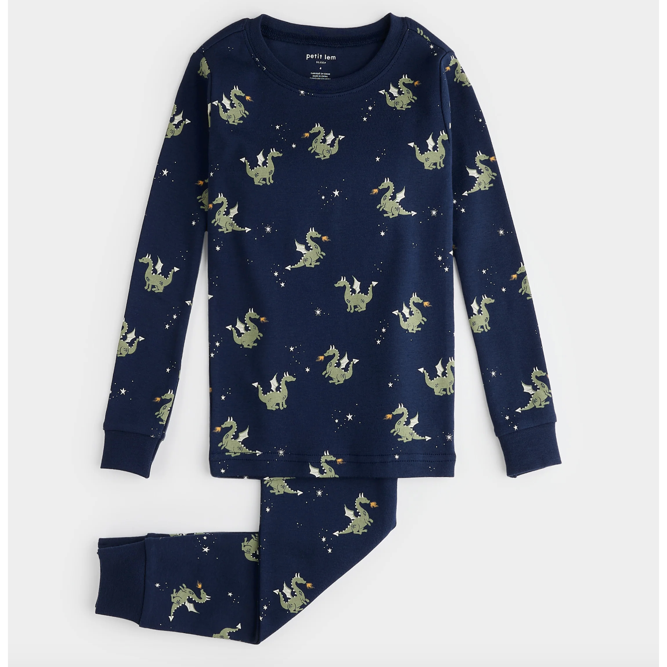 Fire breathing dragon print on navy blue pj set