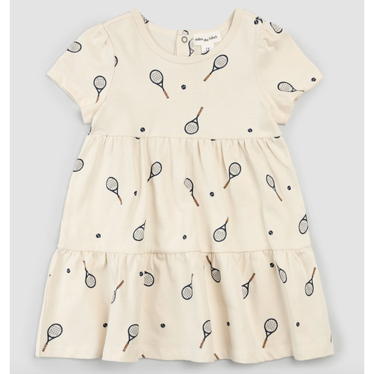 Racquet Print on Birch Tiered Jersey Dress