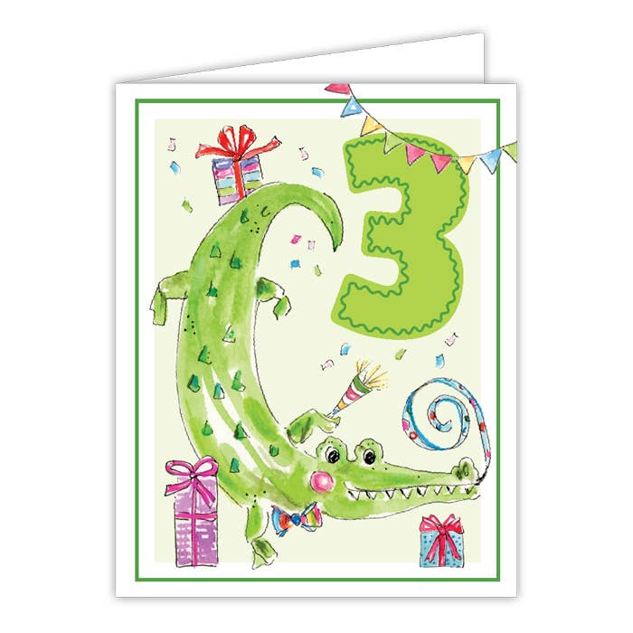 Handpainted Third Birthday Alligator Greeting Card
