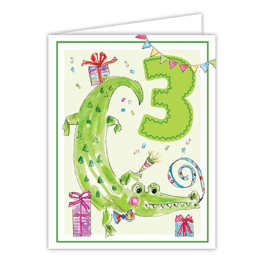 Handpainted Third Birthday Alligator Greeting Card
