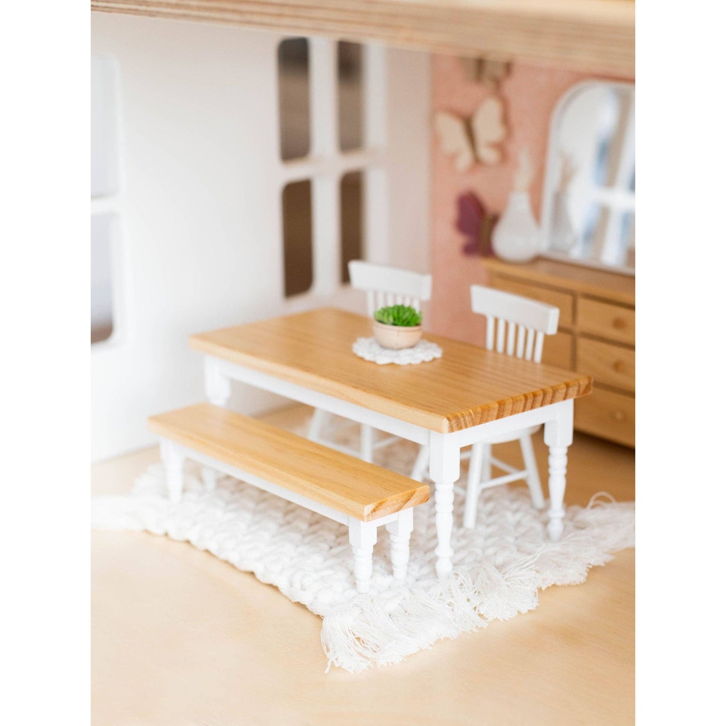 Dollhouse Farm Style Dining Table | Natural Wood & White