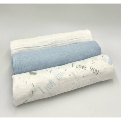 Swaddle Muslin Blankets: BUNDLE OF LOVE, Set of 3, Boy Newborn Gift