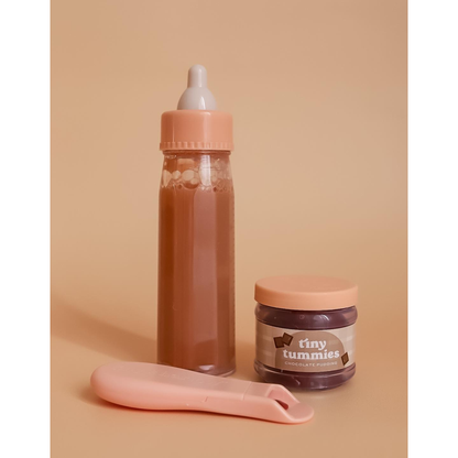 Tiny Tummies Puree and Milk Bottle set for doll - Chocolate