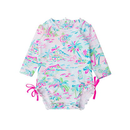 Baby Girls Tropical Resort Long Sleeve One Piece Rash Guard Swimsuit with Signature Rear Ruffles