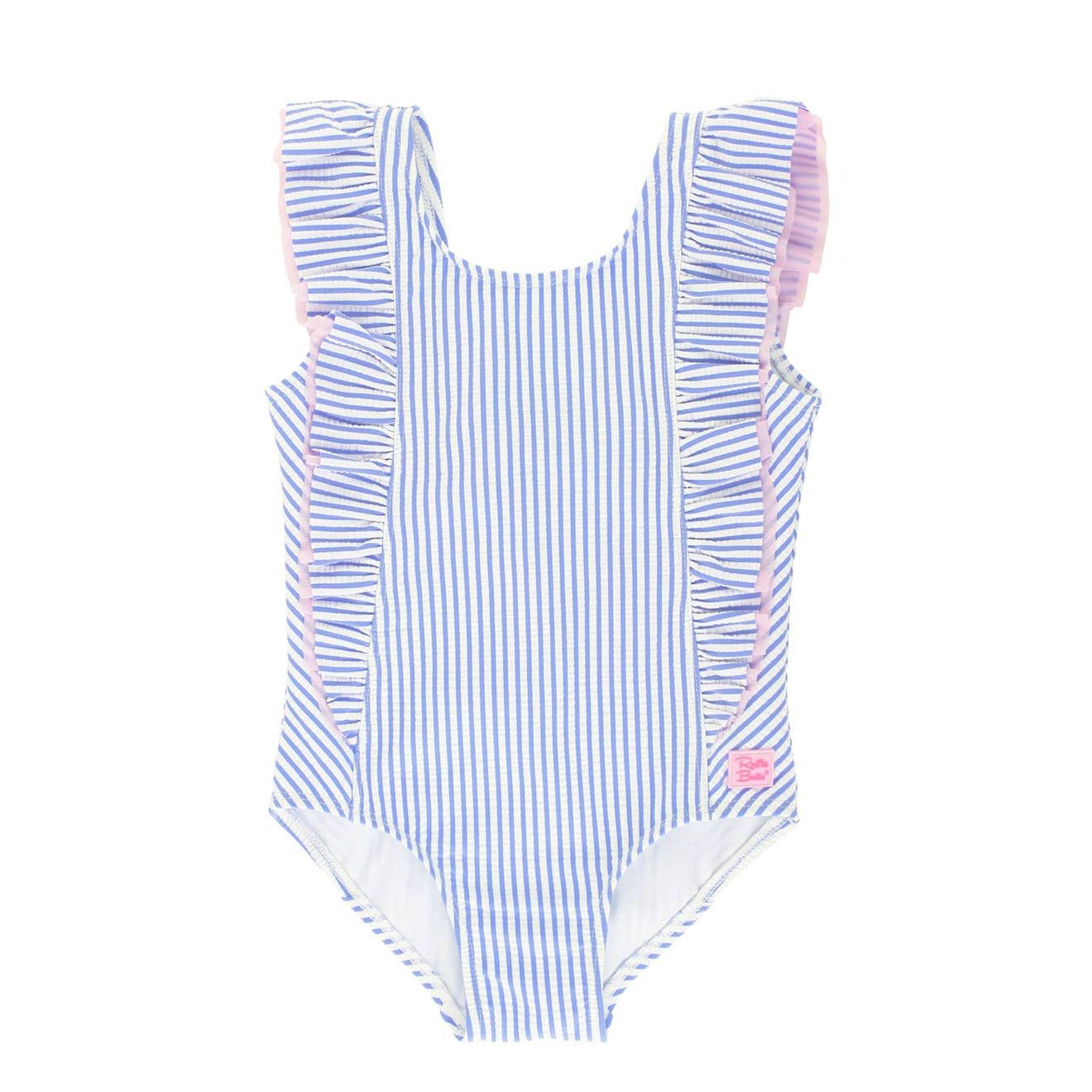 Girls Periwinkle Blue Seersucker Waterfall One Piece Swimsuit