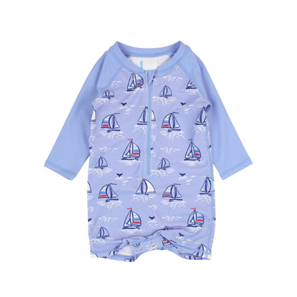 Baby Boys Blue Seas the Day Long Sleeve One Piece Rash Guard Swimsuit