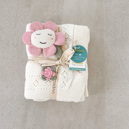 Flower Pointelle Knit Baby Blanket & Flower Rattle Gift Set