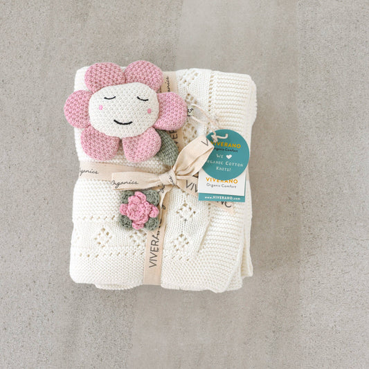 Flower Pointelle Knit Baby Blanket & Flower Rattle Gift Set