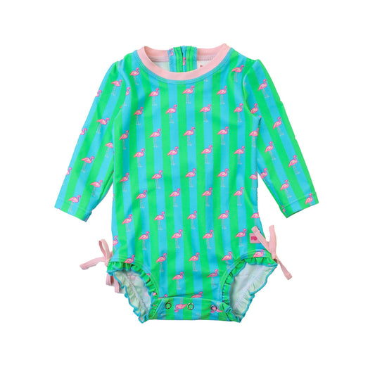 Baby Girls Neon Flamingo Stripe Long Sleeve One Piece Rash Guard Swimsuit with Signature Rear Ruffles