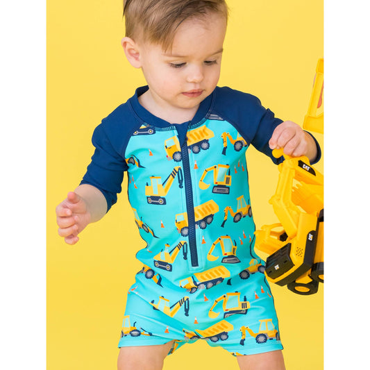 Baby Boys Under Construction Long Sleeve One Piece Rash Guard Swimsuit