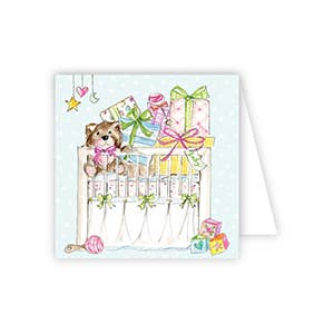 Baby Crib with Teddy Bear, Full of Presents Enclosure Card