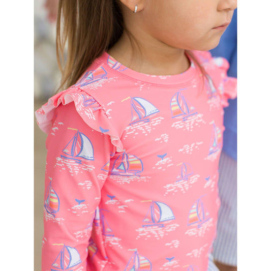 Girls Pink Seas the Day Flutter Long Sleeve Rash Guard Skirted 2-Piece Swimsuit