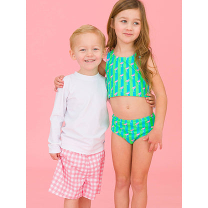 Girls Neon Flamingo Stripe Racerback Flutter Tankini 2-Piece Swimsuit