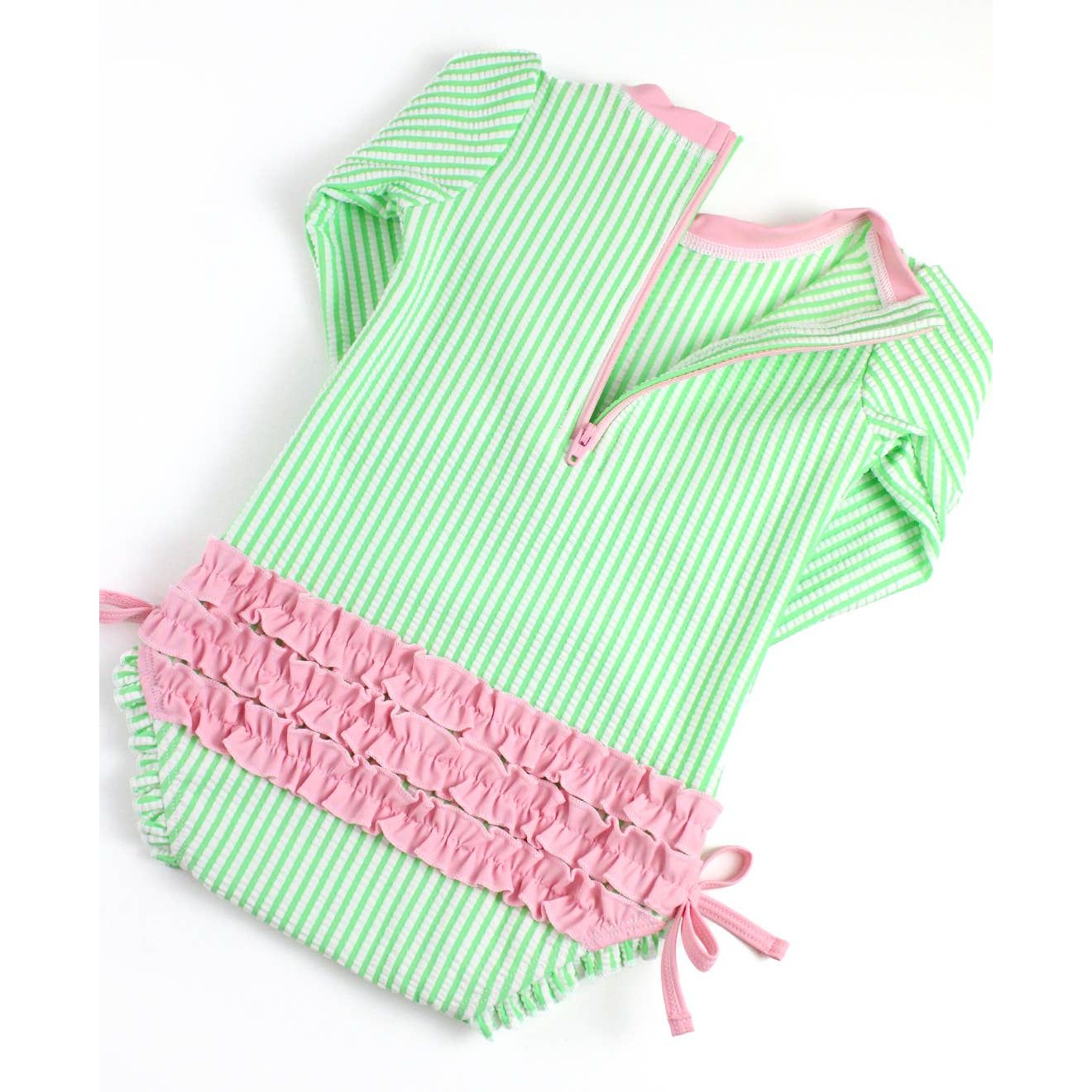 Baby Girls Spring Green Seersucker Long Sleeve One Piece Rash Guard Swimsuit with Signature Rear Ruffles