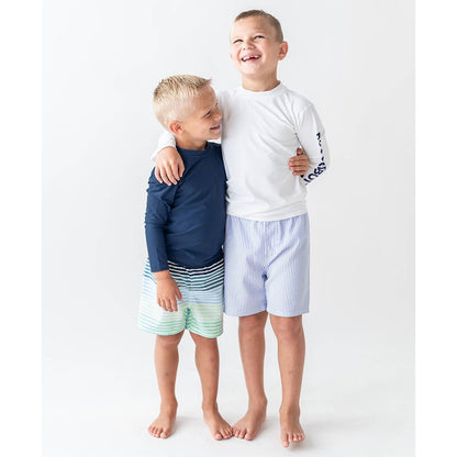 Boys Periwinkle Blue Seersucker Swim Trunks