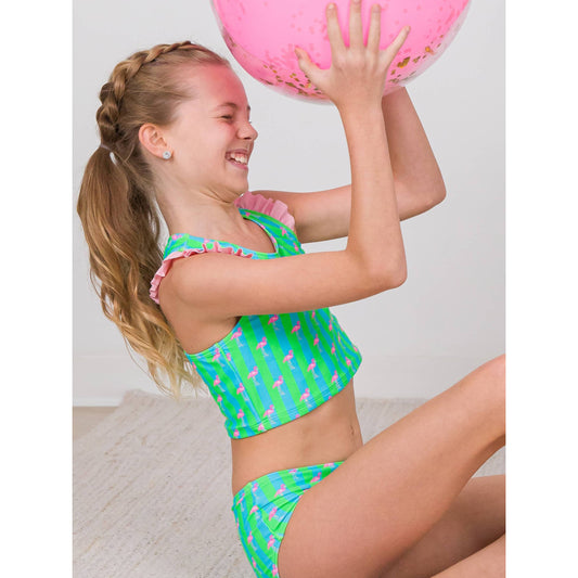Girls Neon Flamingo Stripe Racerback Flutter Tankini 2-Piece Swimsuit