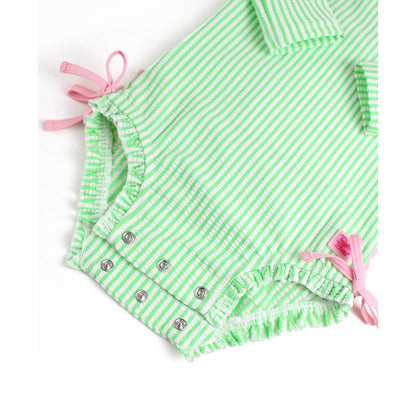 Baby Girls Spring Green Seersucker Long Sleeve One Piece Rash Guard Swimsuit with Signature Rear Ruffles