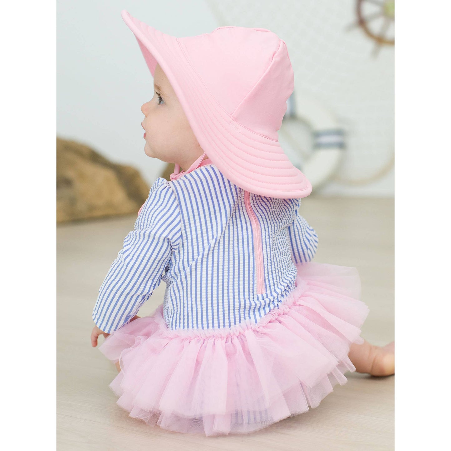 Baby Girls Periwinkle Blue Seersucker Tulle Skirted One Piece Rash Guard Swimsuit