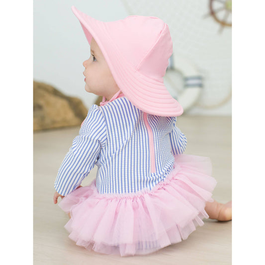 Baby Girls Periwinkle Blue Seersucker Tulle Skirted One Piece Rash Guard Swimsuit