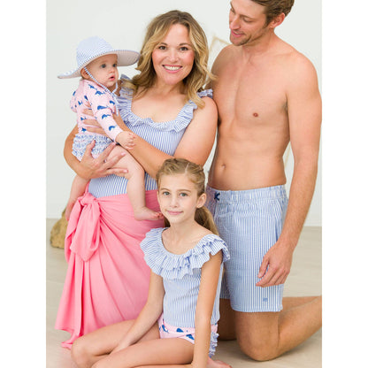 Baby Girls Pink Whale Friends Long Sleeve One Piece Rash Guard Swimsuit with Signature Rear Ruffles