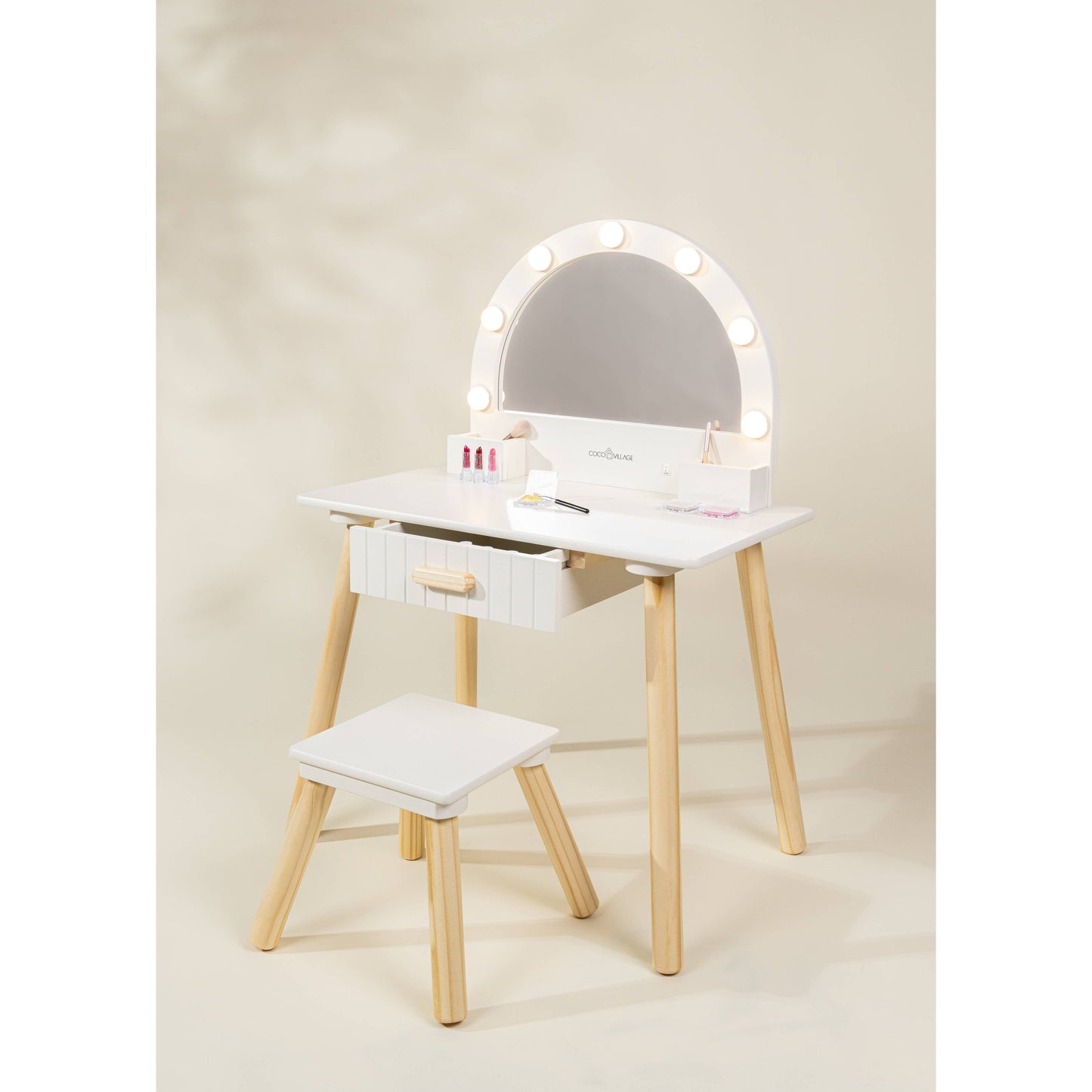 Wooden Play Vanity with Lighted Mirror & stool