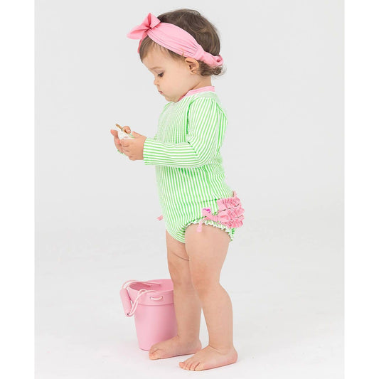 Baby Girls Spring Green Seersucker Long Sleeve One Piece Rash Guard Swimsuit with Signature Rear Ruffles