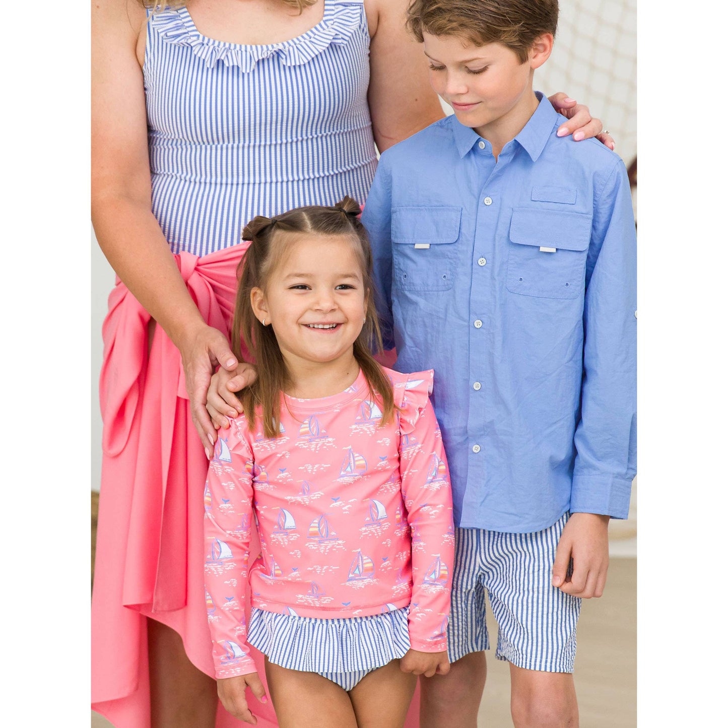 Girls Pink Seas the Day Flutter Long Sleeve Rash Guard Skirted 2-Piece Swimsuit
