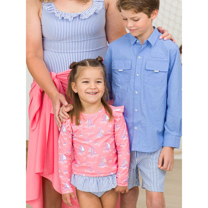 Girls Pink Seas the Day Flutter Long Sleeve Rash Guard Skirted 2-Piece Swimsuit