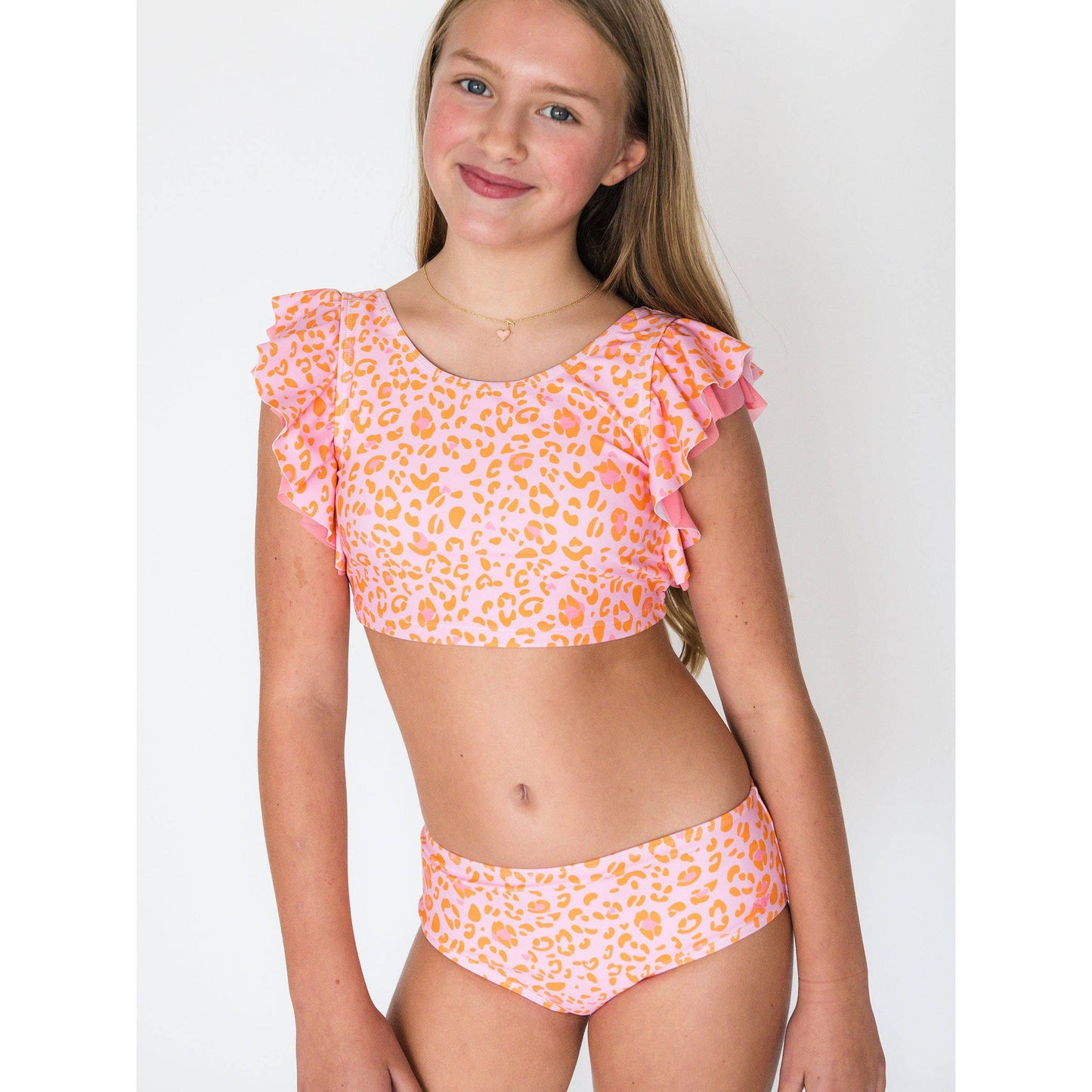 Tween Girls Pink Leopard Butterfly Tankini 2-Piece Swimsuit