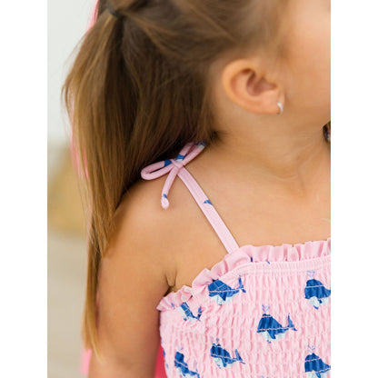 Girls Pink Whale Friends Peplum Smocked Bodice One Piece Swimsuit