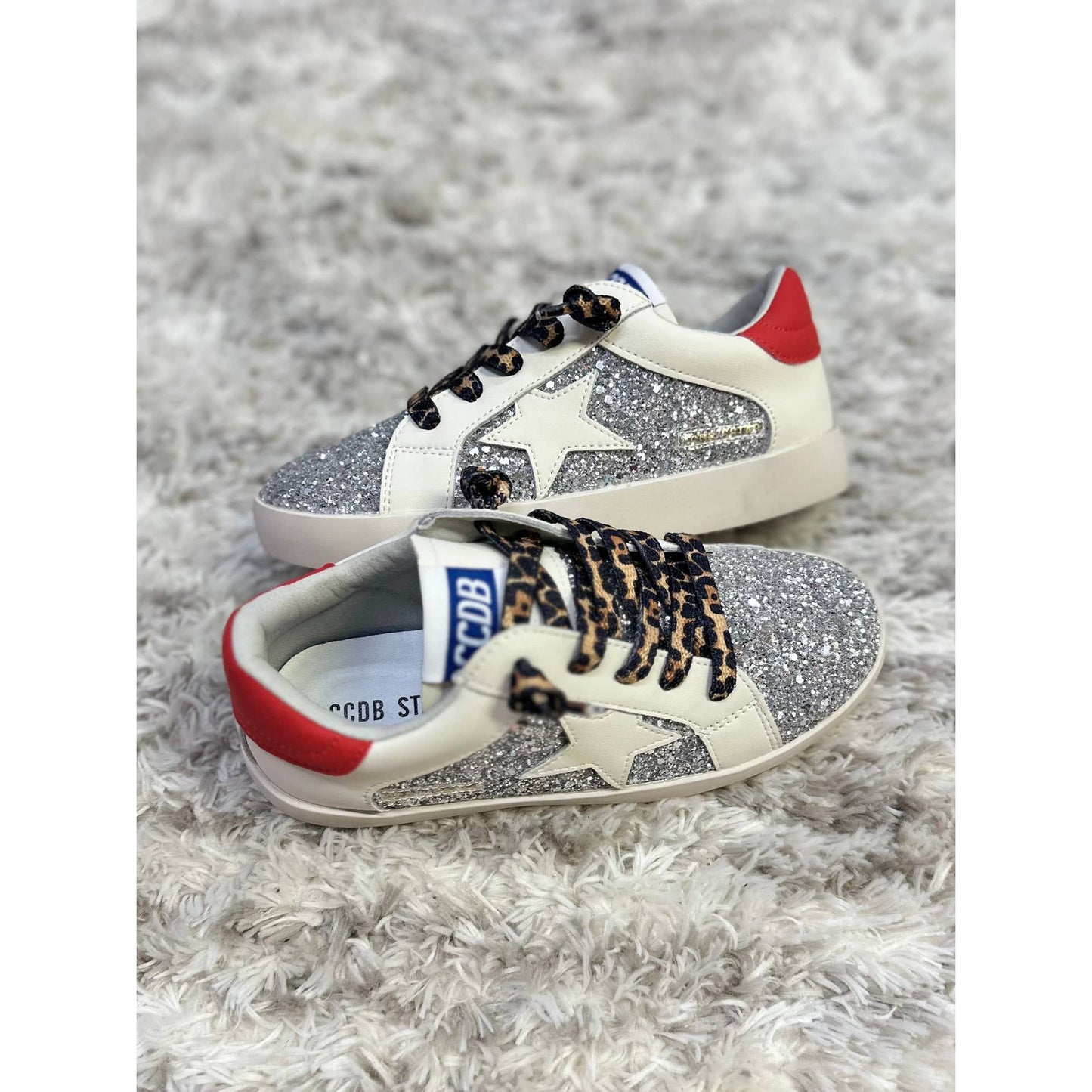 Silver Glitter White Star Red Heel Sneakers