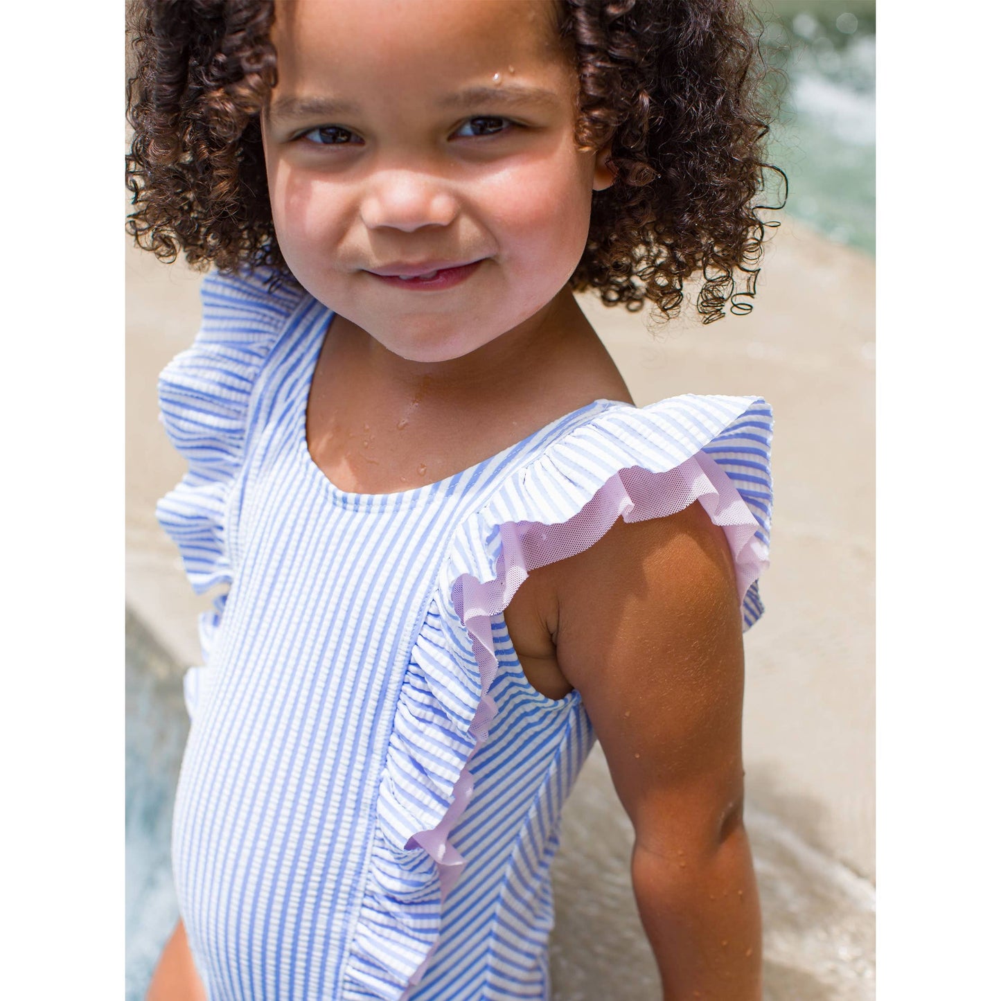 Girls Periwinkle Blue Seersucker Waterfall One Piece Swimsuit