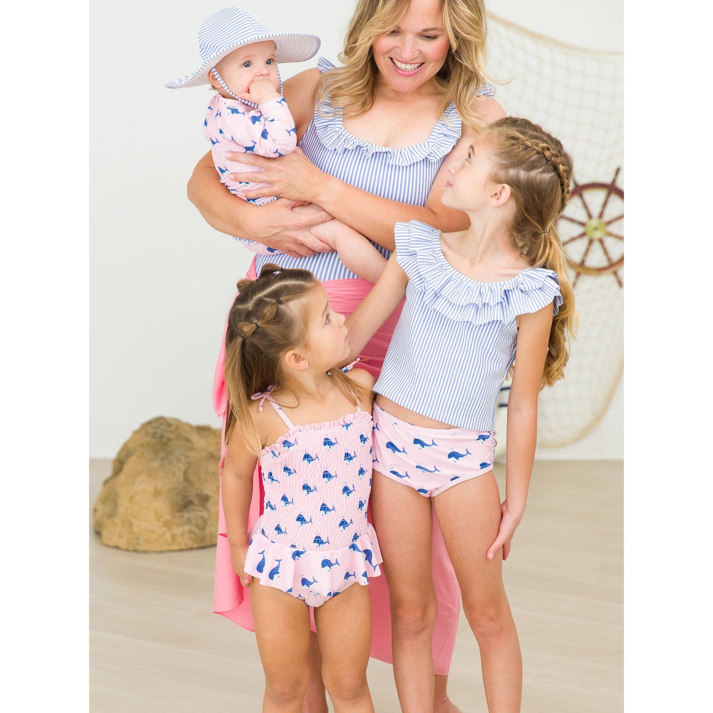 Girls Pink Whale Friends Peplum Smocked Bodice One Piece Swimsuit