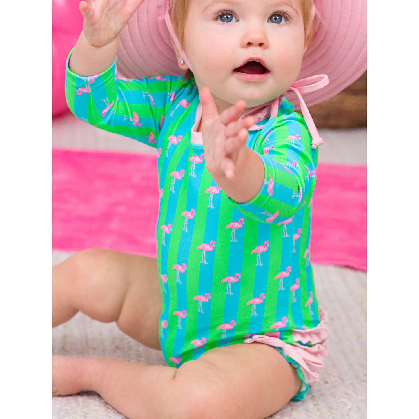 Baby Girls Neon Flamingo Stripe Long Sleeve One Piece Rash Guard Swimsuit with Signature Rear Ruffles