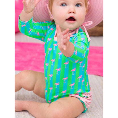 Baby Girls Neon Flamingo Stripe Long Sleeve One Piece Rash Guard Swimsuit with Signature Rear Ruffles