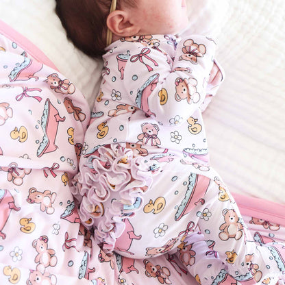 Bathtime Besties Ruffle Zipper Footie | Pink