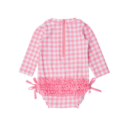 Baby Girls Bubblegum Gingham Long Sleeve One Piece Rash Guard Swimsuit with Signature Rear Ruffles