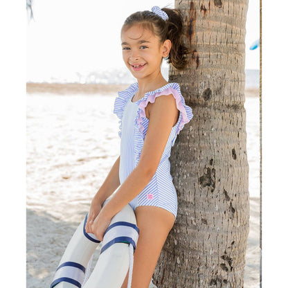 Girls Periwinkle Blue Seersucker Waterfall One Piece Swimsuit