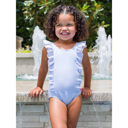 Girls Periwinkle Blue Seersucker Waterfall One Piece Swimsuit
