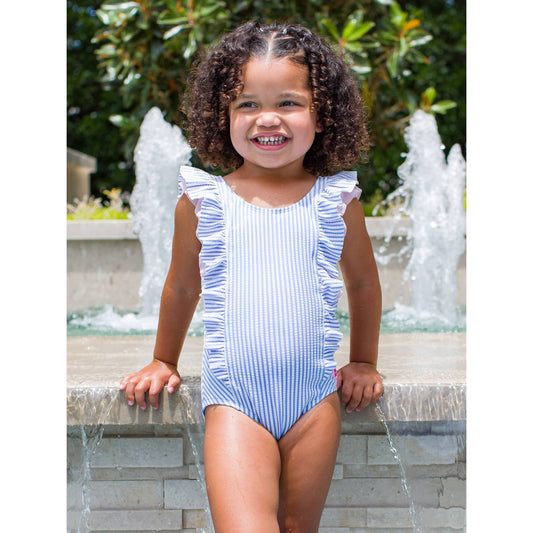 Girls Periwinkle Blue Seersucker Waterfall One Piece Swimsuit