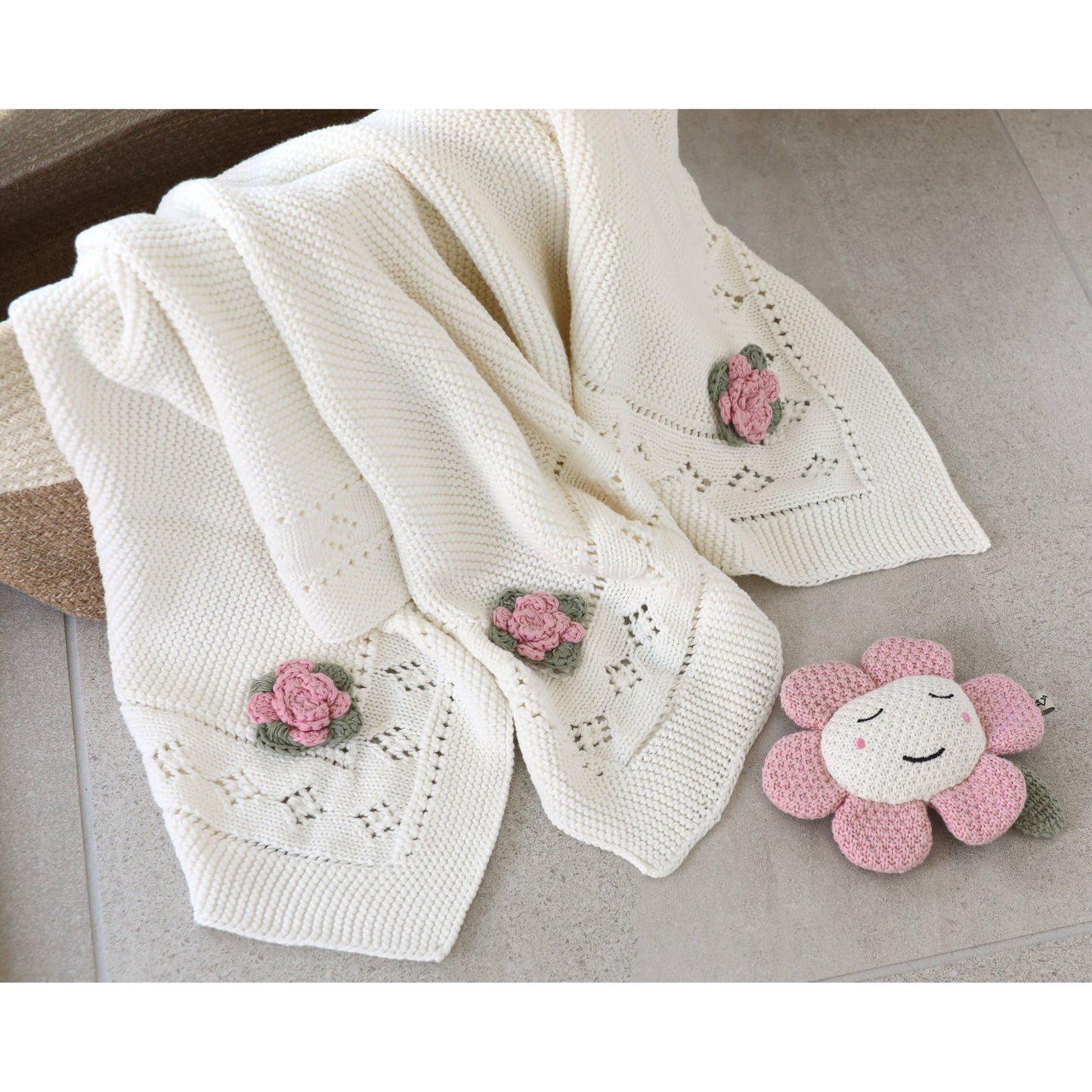 Flower Pointelle Knit Baby Blanket & Flower Rattle Gift Set