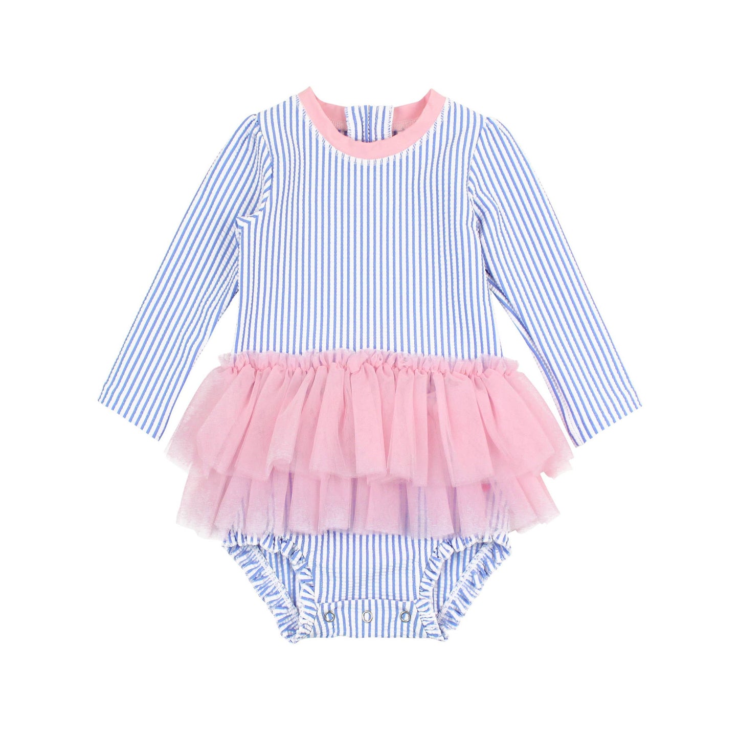 Baby Girls Periwinkle Blue Seersucker Tulle Skirted One Piece Rash Guard Swimsuit