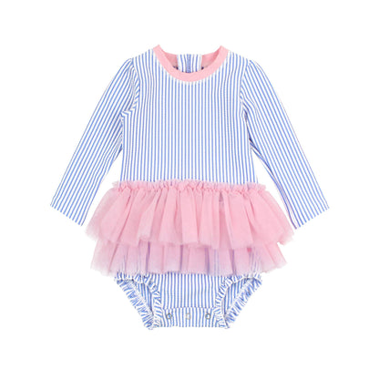 Baby Girls Periwinkle Blue Seersucker Tulle Skirted One Piece Rash Guard Swimsuit