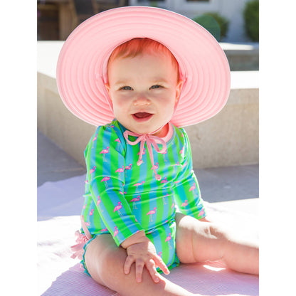 Baby Girls Neon Flamingo Stripe Long Sleeve One Piece Rash Guard Swimsuit with Signature Rear Ruffles