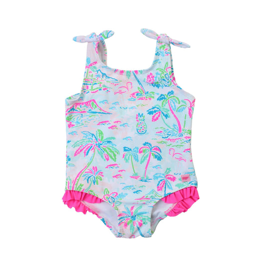 Girls Tropical Resort Tie Shoulder One Piece Swimsuit