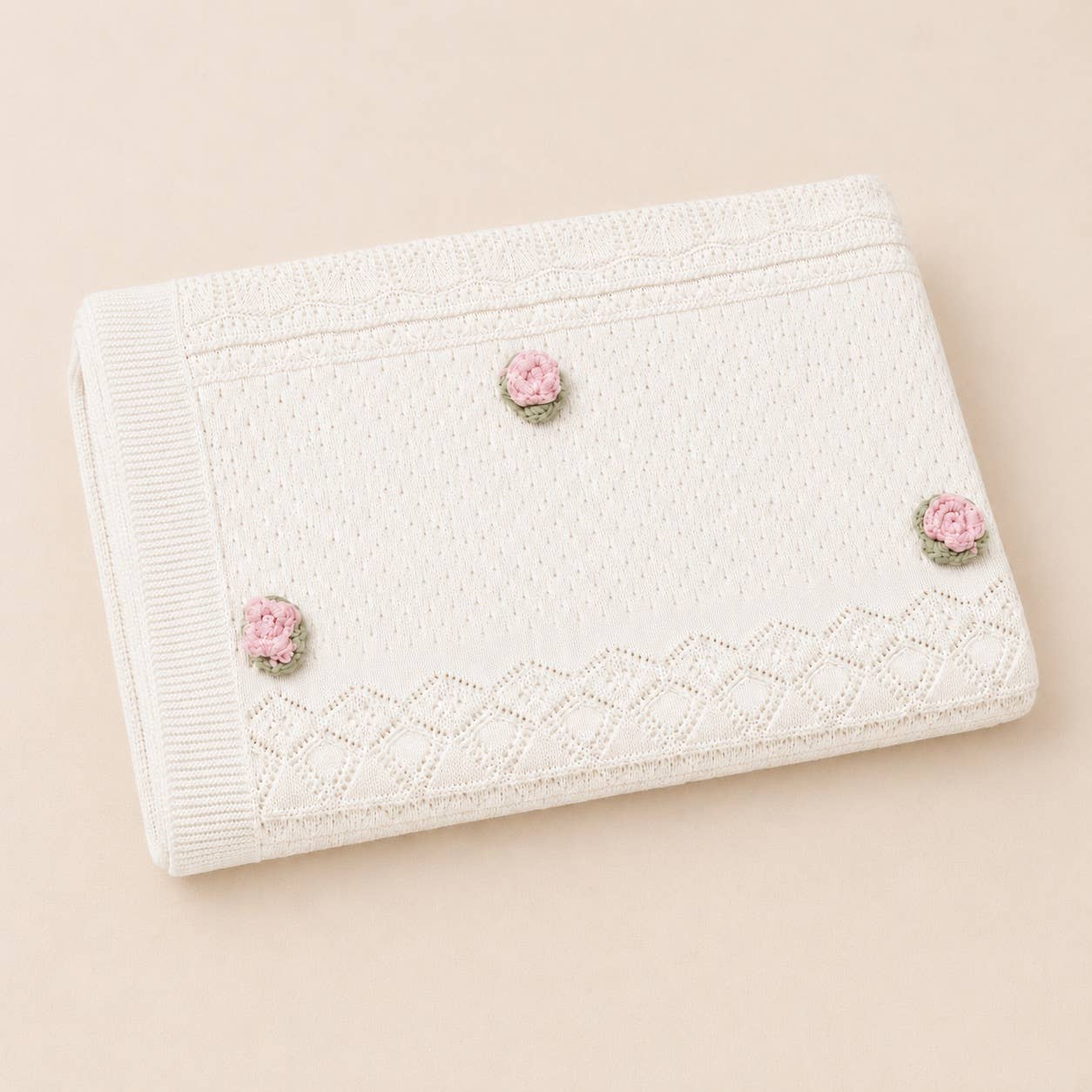 Pink Rose Pointelle Knit Baby Blanket, Bonnet & Booties Set