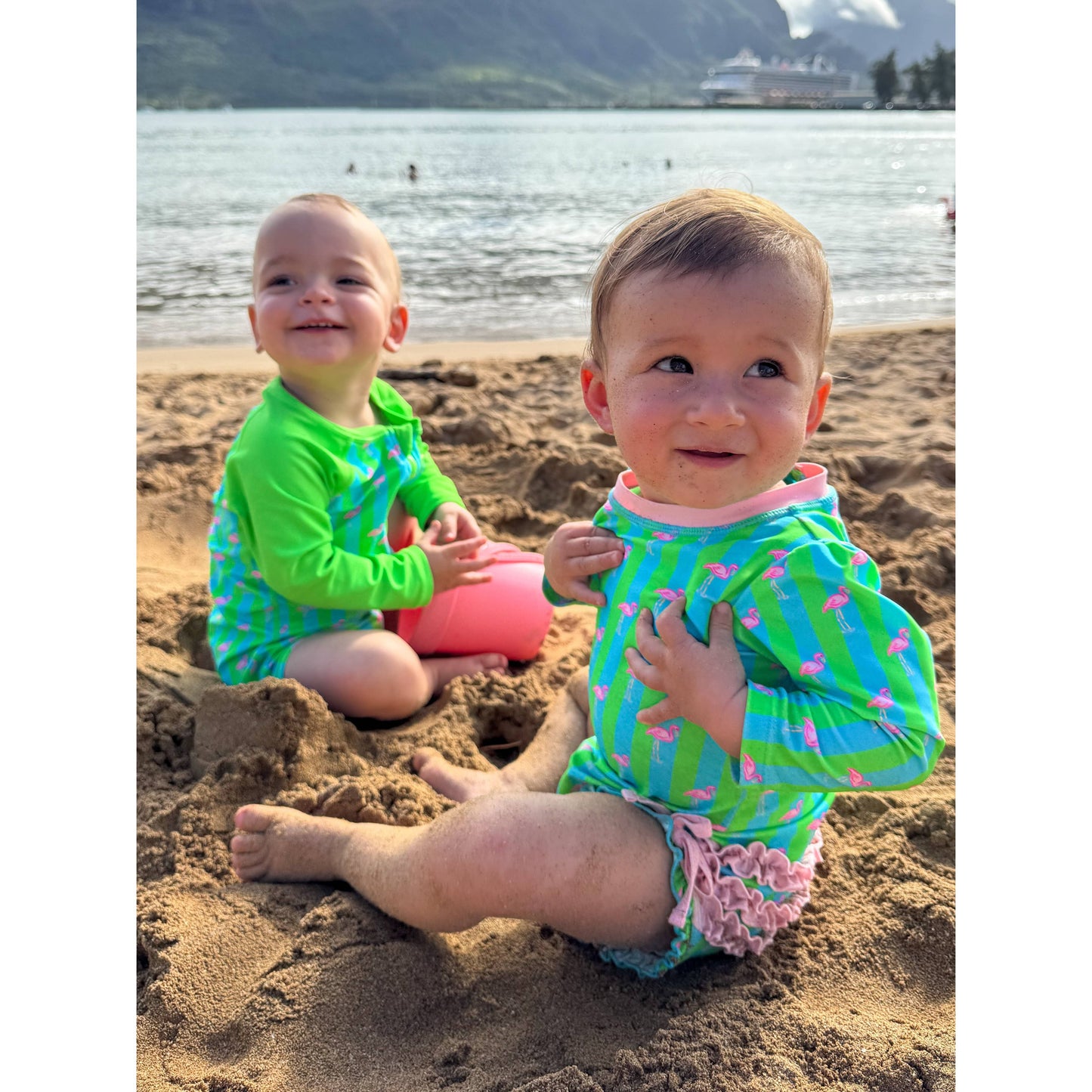 Baby Girls Neon Flamingo Stripe Long Sleeve One Piece Rash Guard Swimsuit with Signature Rear Ruffles