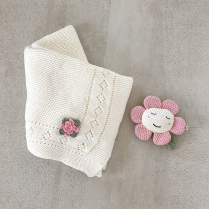 Flower Pointelle Knit Baby Blanket & Flower Rattle Gift Set