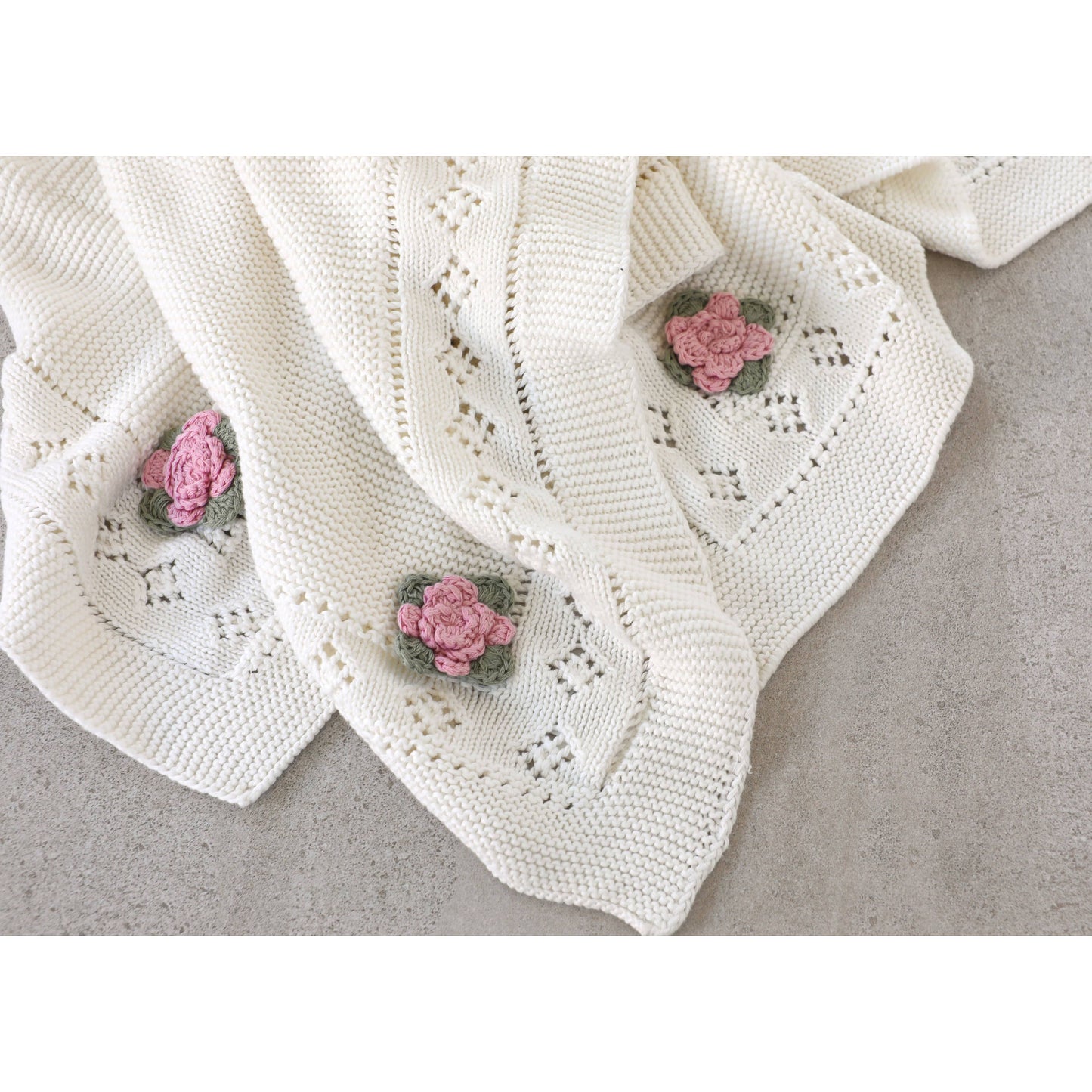Flower Pointelle Knit Baby Blanket & Flower Rattle Gift Set