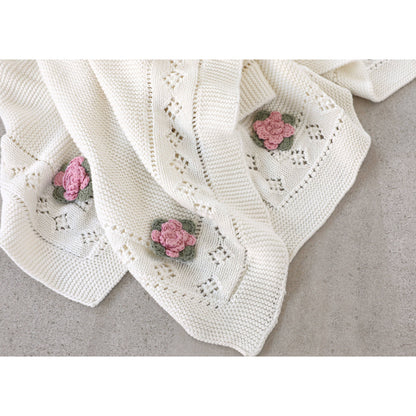 Flower Pointelle Knit Baby Blanket & Flower Rattle Gift Set